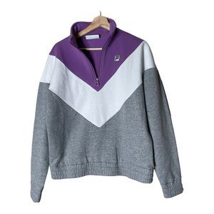 FILA Women's 1/4 Zip Pullover Sweatshirt  Chevron Fleece Large Purple/White